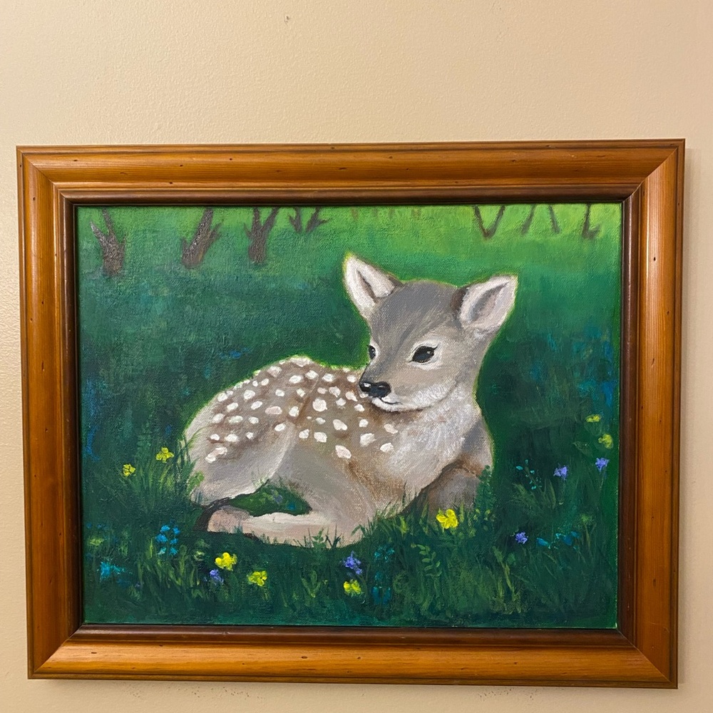 Original Fawn Painting with Solid Wooden Frame
